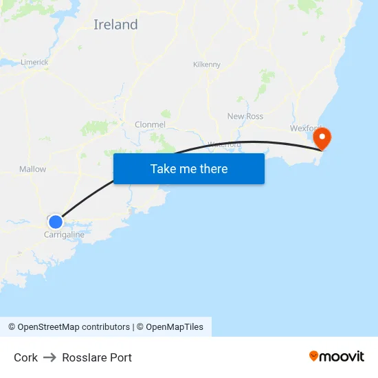 Cork to Rosslare Port map