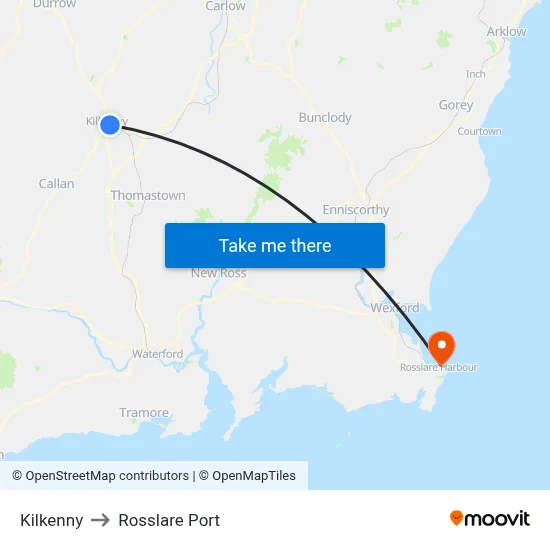 Kilkenny to Rosslare Port map