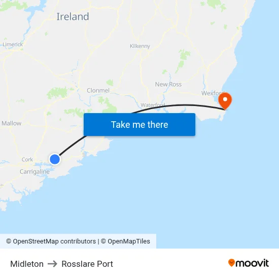 Midleton to Rosslare Port map