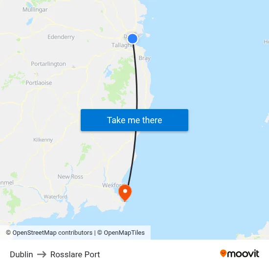 Dublin to Rosslare Port map