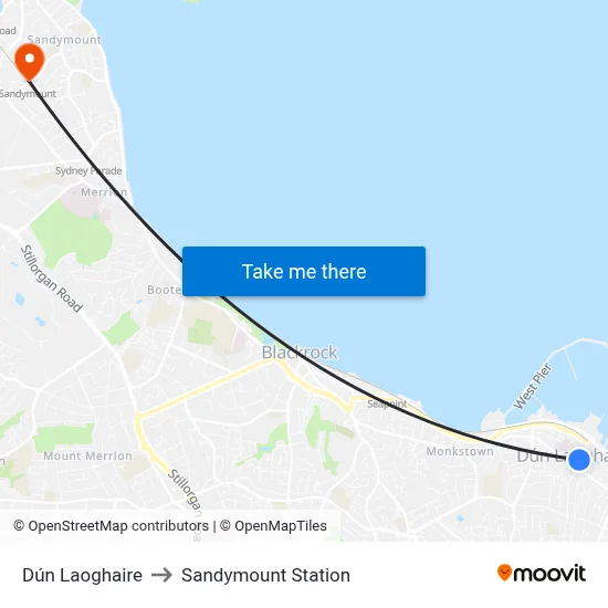 Dún Laoghaire to Sandymount Station map