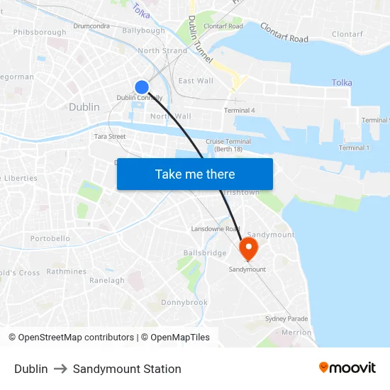 Dublin to Sandymount Station map