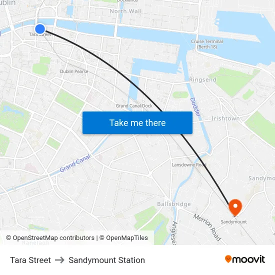 Tara Street to Sandymount Station map