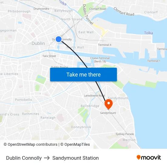 Dublin Connolly to Sandymount Station map