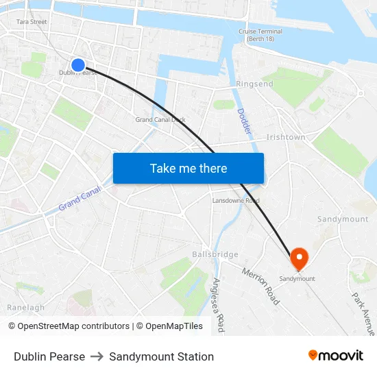 Dublin Pearse to Sandymount Station map