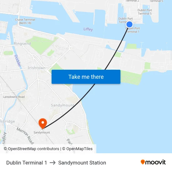 Dublin Terminal 1 to Sandymount Station map