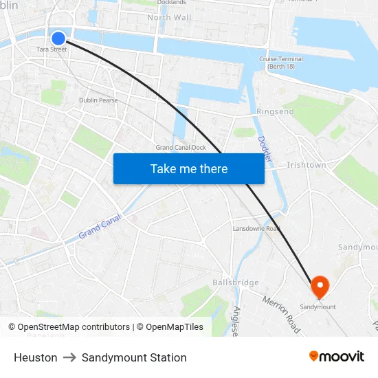 Heuston to Sandymount Station map