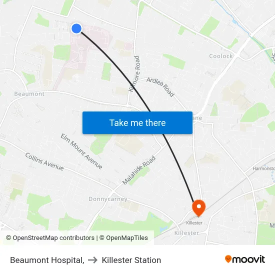 Beaumont Hospital, to Killester Station map