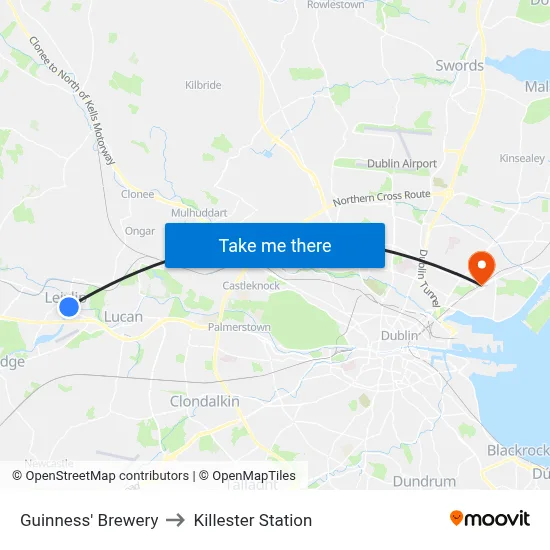 Guinness' Brewery to Killester Station map