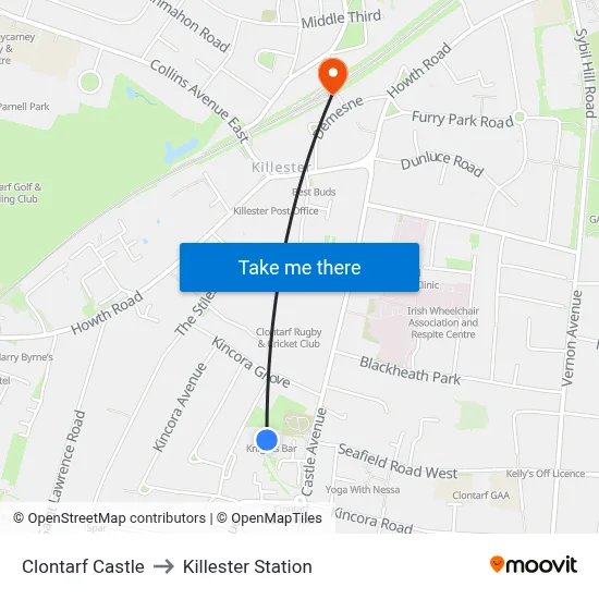 Clontarf Castle to Killester Station map