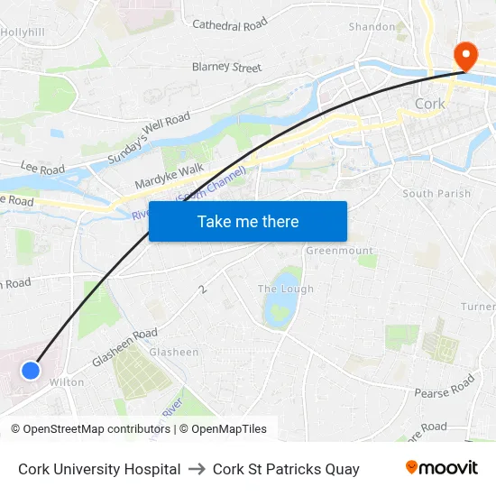 Cork University Hospital to Cork St Patricks Quay map