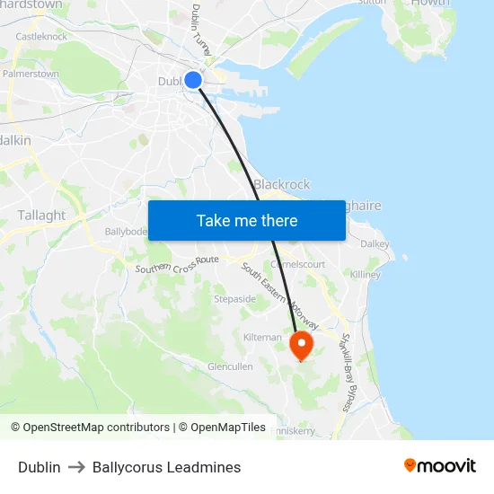 Dublin to Ballycorus Leadmines map