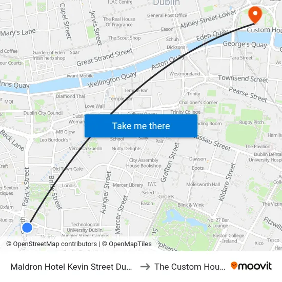 Maldron Hotel Kevin Street Dublin to The Custom House map