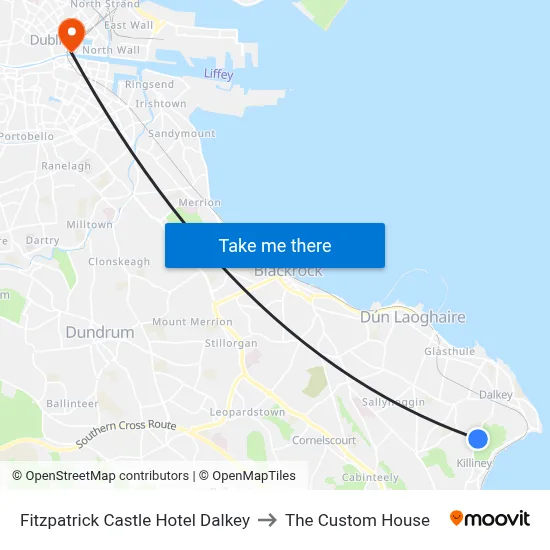 Fitzpatrick Castle Hotel Dalkey to The Custom House map