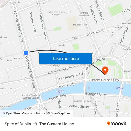 Spire of Dublin to The Custom House map