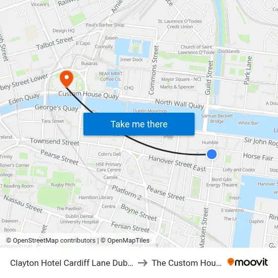 Clayton Hotel Cardiff Lane Dublin to The Custom House map