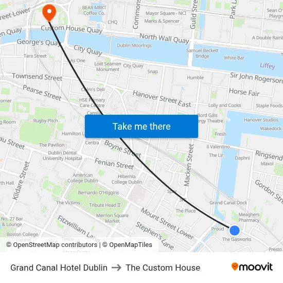 Grand Canal Hotel Dublin to The Custom House map