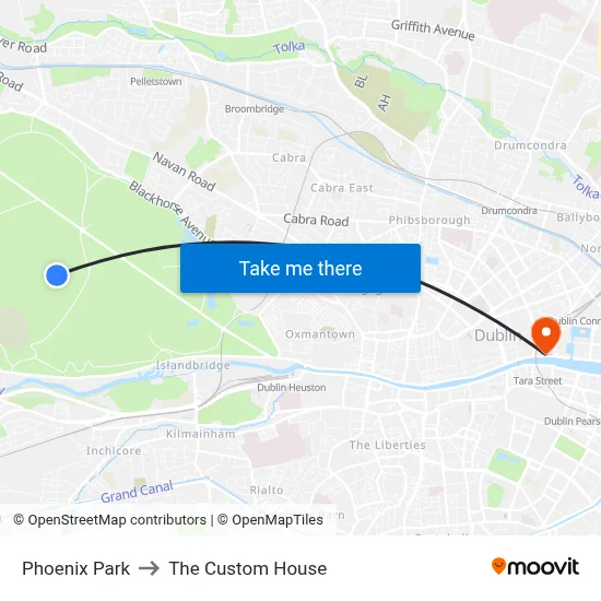 Phoenix Park to The Custom House map