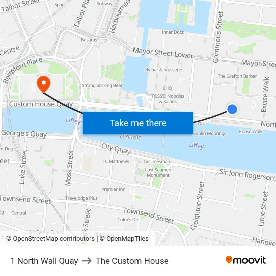 1 North Wall Quay to The Custom House map