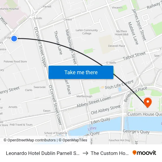 Leonardo Hotel Dublin Parnell Street to The Custom House map