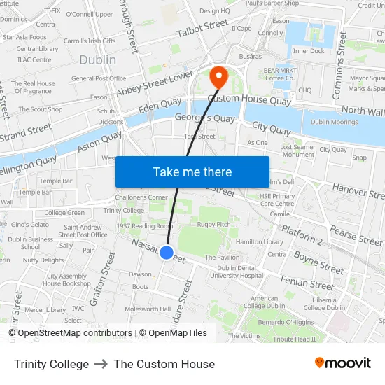 Trinity College to The Custom House map