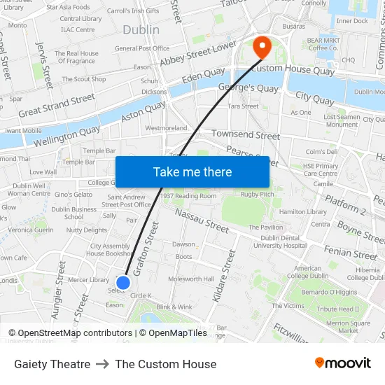 Gaiety Theatre to The Custom House map