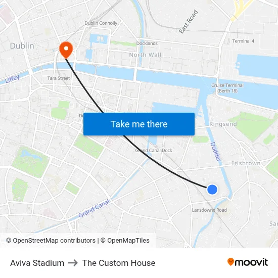 Aviva Stadium to The Custom House map