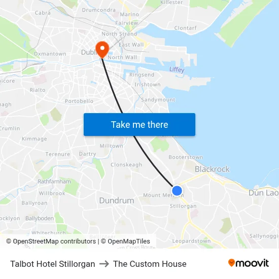 Talbot Hotel Stillorgan to The Custom House map