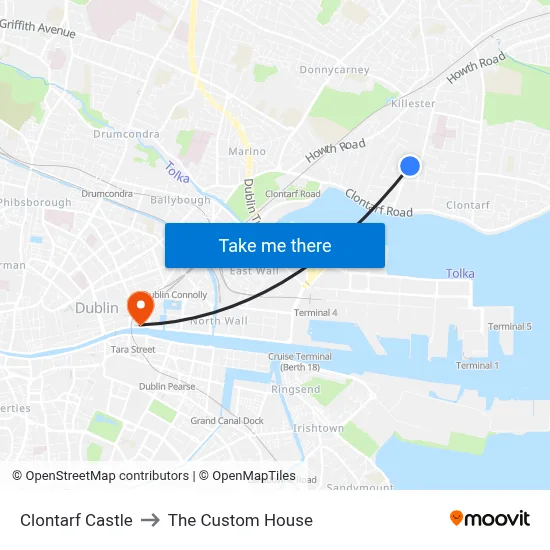 Clontarf Castle to The Custom House map