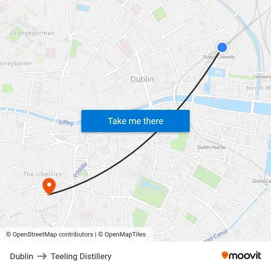 Dublin to Teeling Distillery map