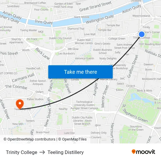 Trinity College to Teeling Distillery map