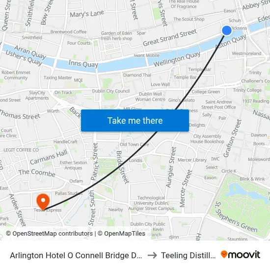 Arlington Hotel O Connell Bridge Dublin to Teeling Distillery map