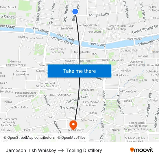 Jameson Irish Whiskey to Teeling Distillery map
