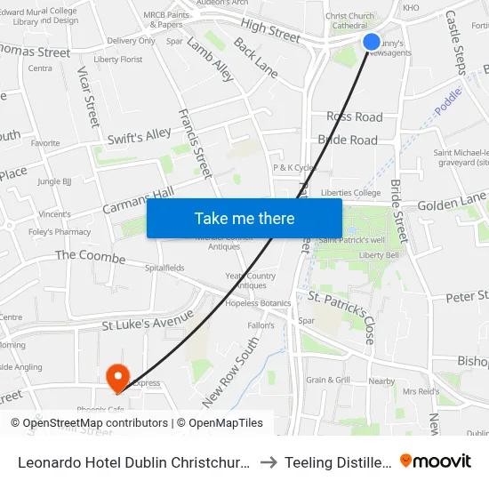 Leonardo Hotel Dublin Christchurch to Teeling Distillery map