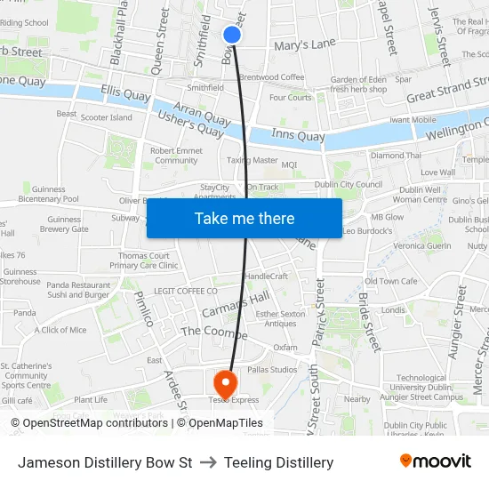Jameson Distillery Bow St to Teeling Distillery map