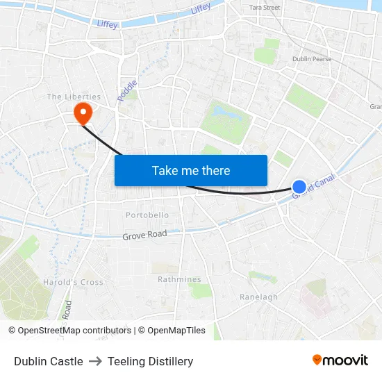 Dublin Castle to Teeling Distillery map