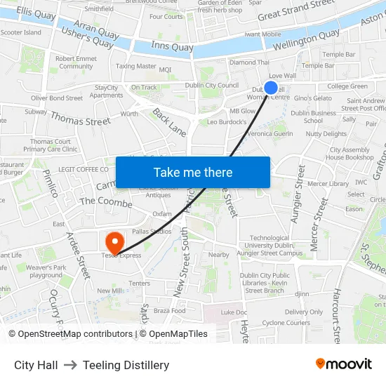 City Hall to Teeling Distillery map