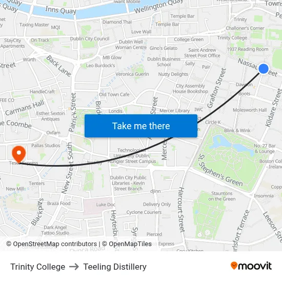 Trinity College to Teeling Distillery map