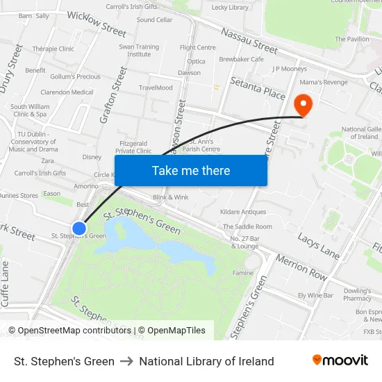 St. Stephen's Green to National Library of Ireland map