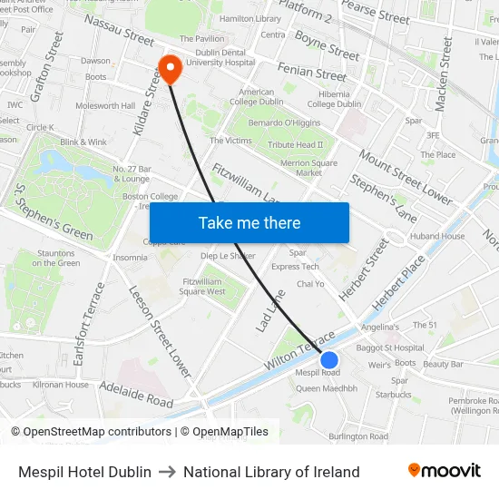 Mespil Hotel Dublin to National Library of Ireland map