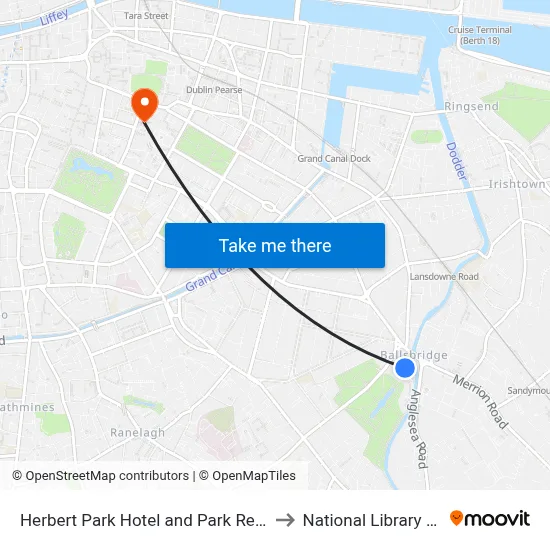 Herbert Park Hotel and Park Residence Dublin to National Library of Ireland map