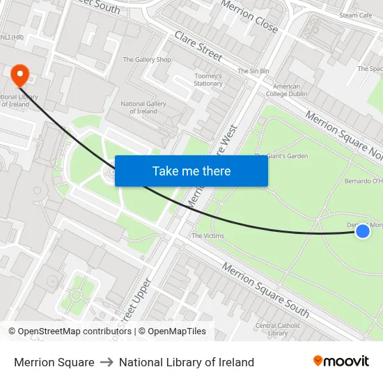 Merrion Square to National Library of Ireland map