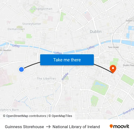 Guinness Storehouse to National Library of Ireland map