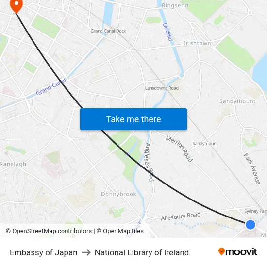 Embassy of Japan to National Library of Ireland map