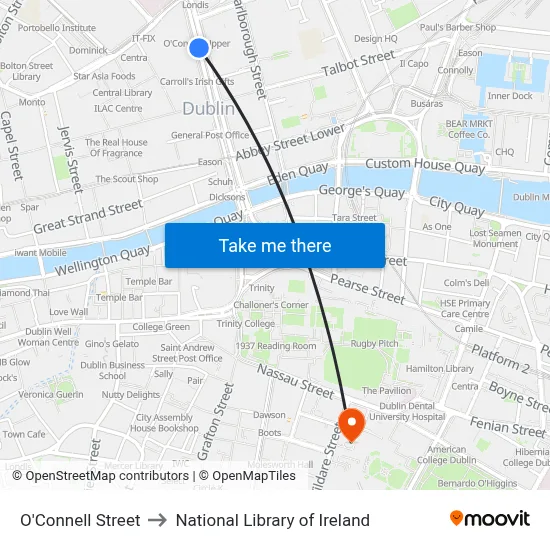 O'Connell Street to National Library of Ireland map