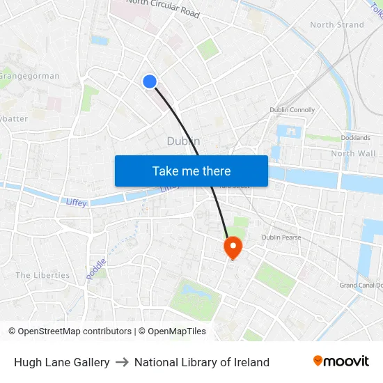 Hugh Lane Gallery to National Library of Ireland map