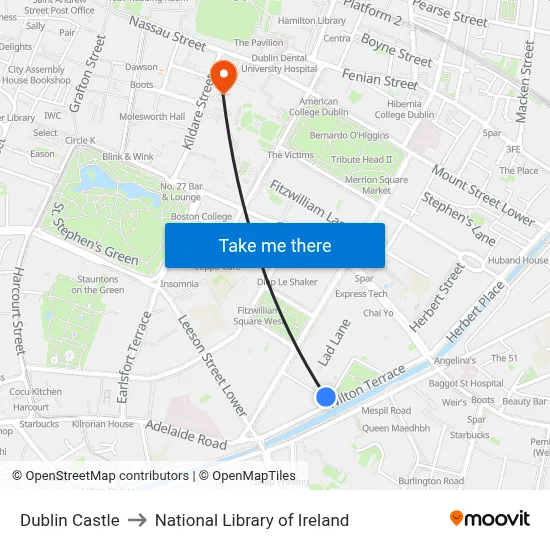 Dublin Castle to National Library of Ireland map