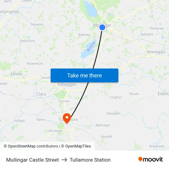 Mullingar Castle Street to Tullamore Station map