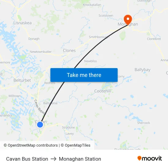 Cavan Bus Station to Monaghan Station map