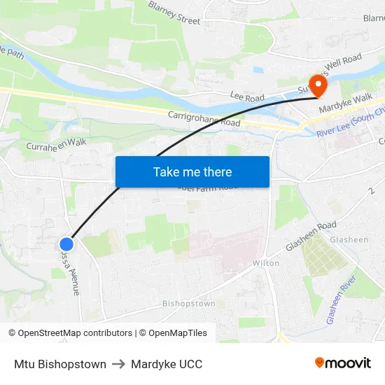 Mtu Bishopstown to Mardyke UCC map